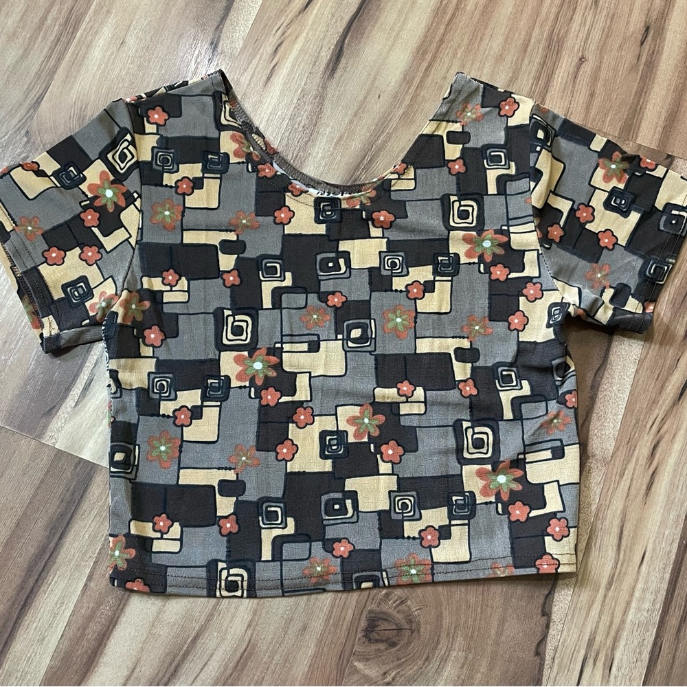 VTG 90s Pretty Girl Geometric Floral Block Print Crop Top S/M USA